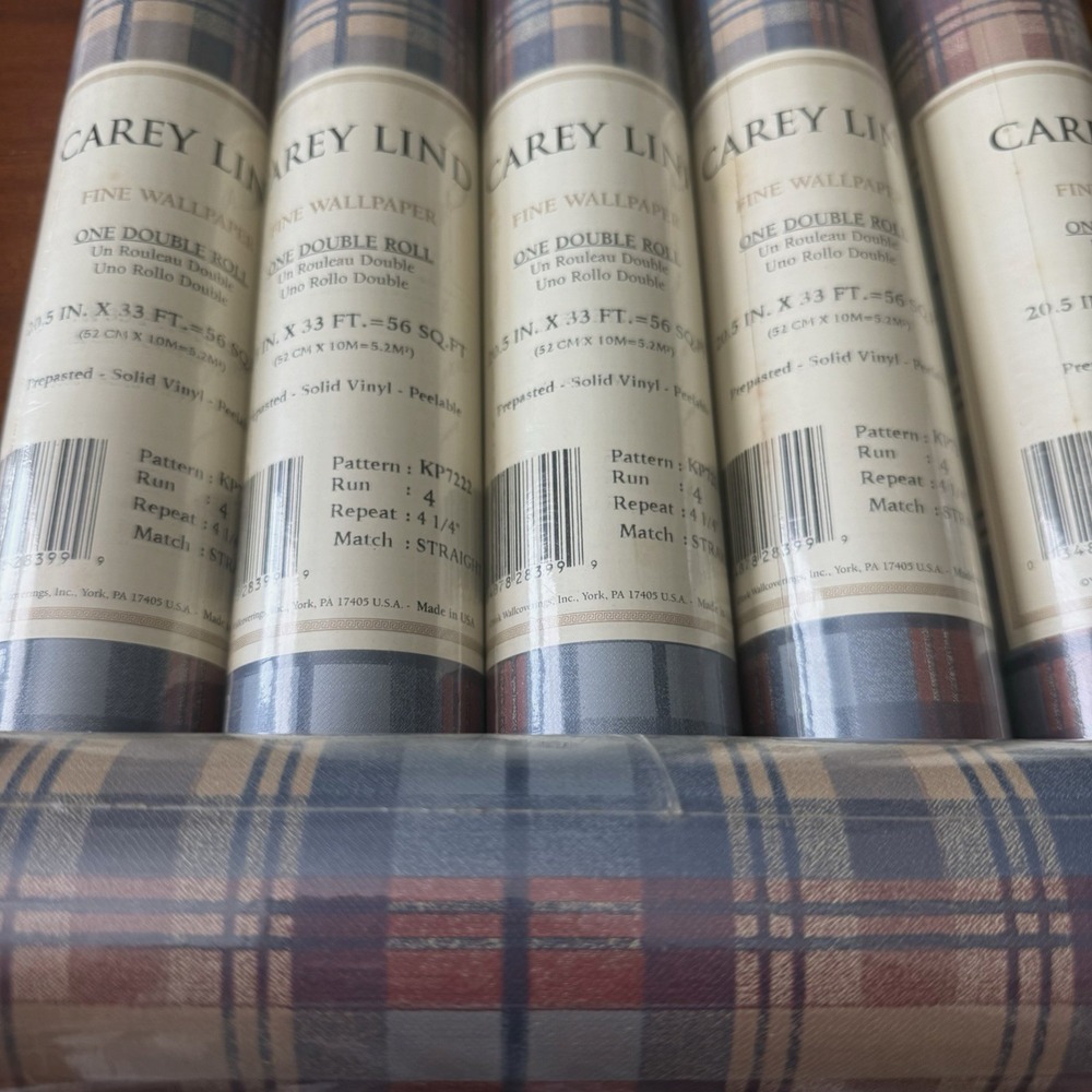 6 Rolls York Carey Lind Plaid Wallpaper KP7222 Blue Taupe Rust Vintage 1990s NOS